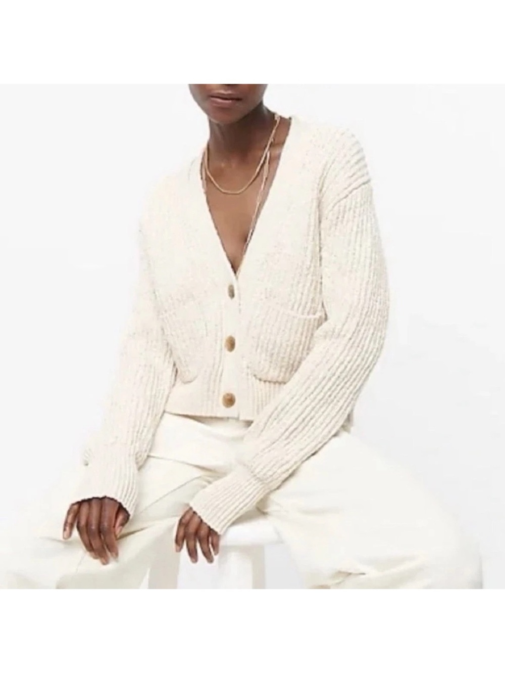 J. Crew V Neck Crop Patch Pocket Beach Cardigan Cotton Blend Warm Ivory Small  A